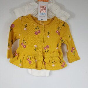 Carters Just One You 3 Piece Set Baby Girls Newborn Yellow Top Onesie Pants NWT